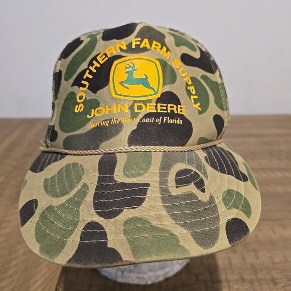 Vintage John Deere Camo Trucker Snapback Hat Cap W/rope Southern